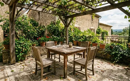 Coin de terrasse française d'été abandonnée avec une table en bois et des chaises vides sous une pergola, ambiance de mi-journée chaude avec quelques feuilles au sol, sans convives visibles