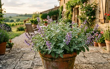Plant d'herbe à chat aux feuilles vert argenté et petites fleurs violettes cultivé dans un pot en terre cuite sur une terrasse française d'été, lumière naturelle chaude de fin d'après-midi