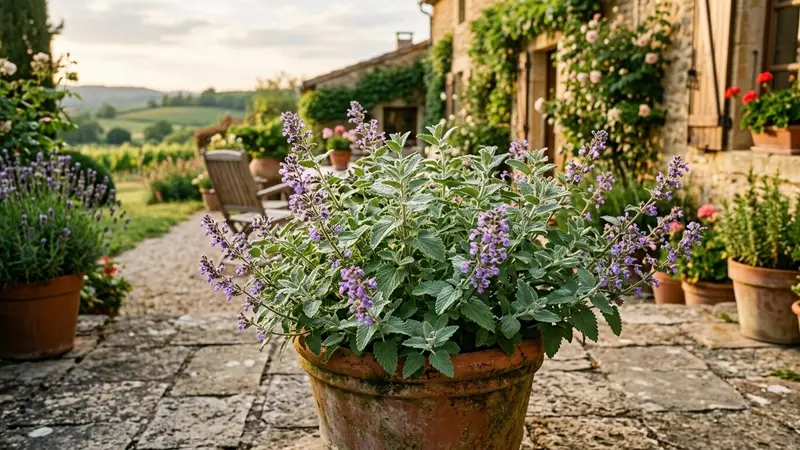 Plant d'herbe à chat aux feuilles vert argenté et petites fleurs violettes cultivé dans un pot en terre cuite sur une terrasse française d'été, lumière naturelle chaude de fin d'après-midi