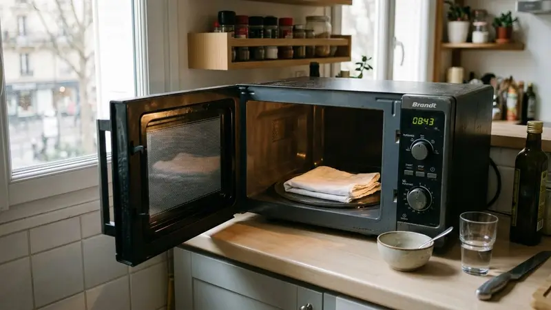 Micro-ondes de cuisine française ouvert avec un tissu blanc plié à l'intérieur, ambiance domestique sobre avec un plan de travail clair et une lumière naturelle de matinée, plan rapproché