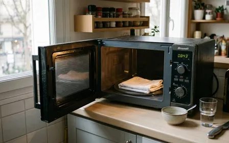 Micro-ondes de cuisine française ouvert avec un tissu blanc plié à l'intérieur, ambiance domestique sobre avec un plan de travail clair et une lumière naturelle de matinée, plan rapproché