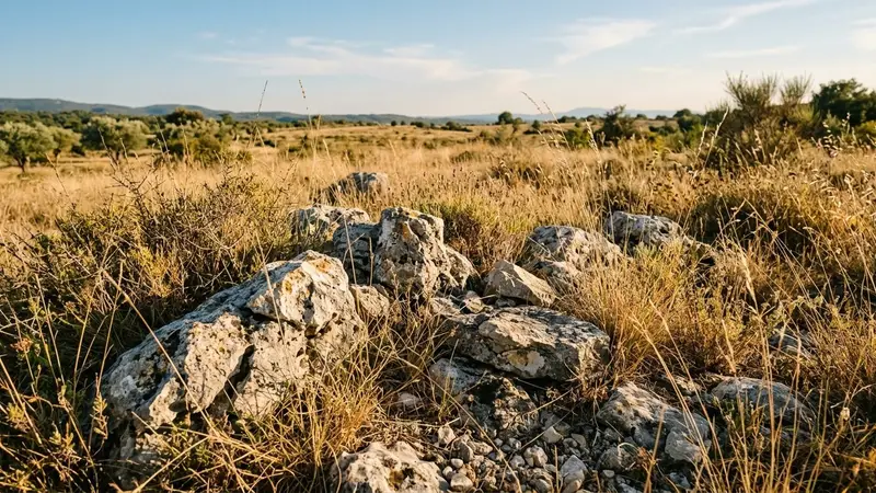 Détail rapproché sur les rochers d'une prairie sèche du Sud de la France en été, herbes hautes et pierres claires baignées de lumière chaude de fin d'après-midi, ambiance naturelle sans animal visible