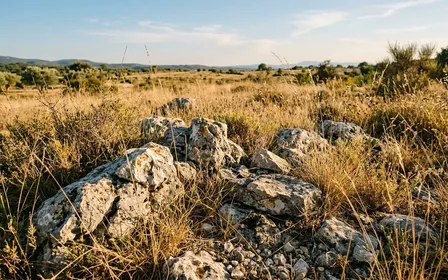 Détail rapproché sur les rochers d'une prairie sèche du Sud de la France en été, herbes hautes et pierres claires baignées de lumière chaude de fin d'après-midi, ambiance naturelle sans animal visible