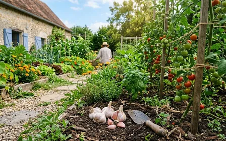 Petit potager de jardin français en été avec quelques gousses d'ail entières posées sur la terre à côté de plants de tomates cerises, ambiance calme de fin de matinée ensoleillée