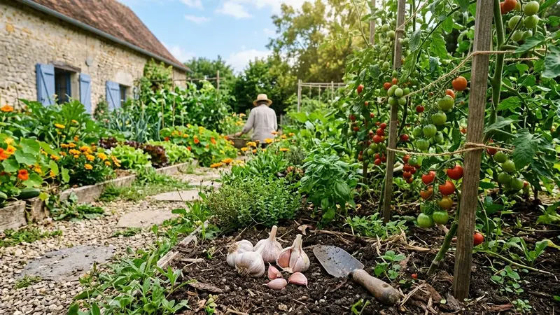Petit potager de jardin français en été avec quelques gousses d'ail entières posées sur la terre à côté de plants de tomates cerises, ambiance calme de fin de matinée ensoleillée