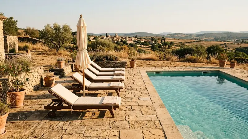 Terrasse française d'été au bord d'une piscine claire avec transats vides et parasol, sol en pierre chauffé par le soleil de fin d'après-midi, ambiance calme et sèche sans végétation luxuriante