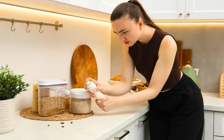 Plan de travail de cuisine moderne avec ventilateur, plante et fenêtre ouverte sur ciel orageux d'été indiquant la canicule
