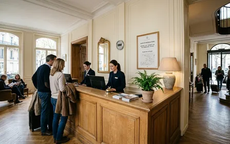 Réception d'hôtel français avec comptoir en bois clair, plante verte discrète et affichage informatif encadré au mur, ambiance sobre et professionnelle avec lumière naturelle de matinée