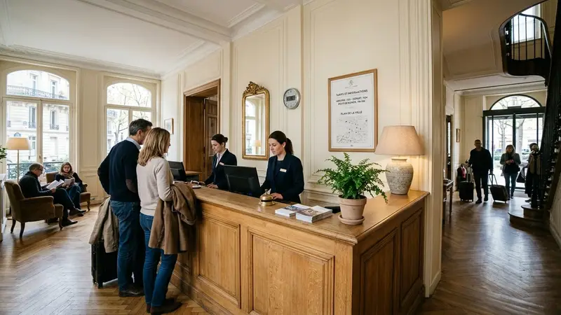 Réception d'hôtel français avec comptoir en bois clair, plante verte discrète et affichage informatif encadré au mur, ambiance sobre et professionnelle avec lumière naturelle de matinée