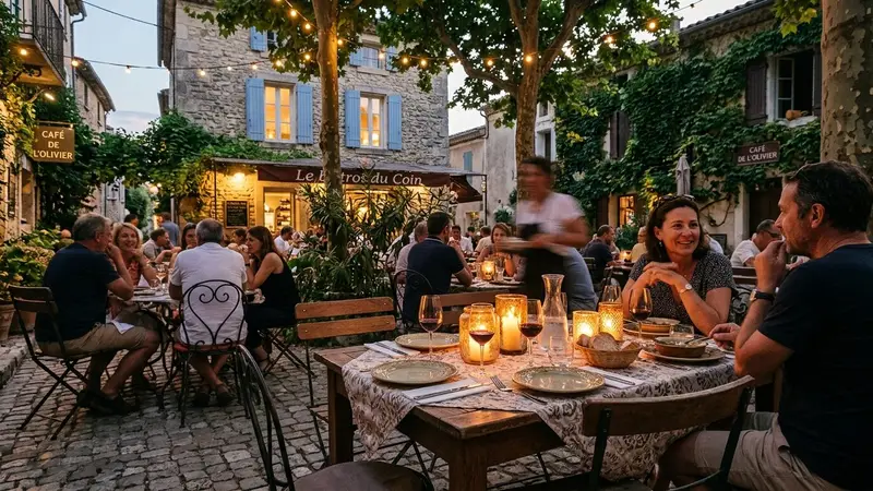 Terrasse française d'été le soir avec table dressée et bougies allumées dans des photophores en verre, ambiance chaleureuse et intime sous une lumière tamisée de fin de journée