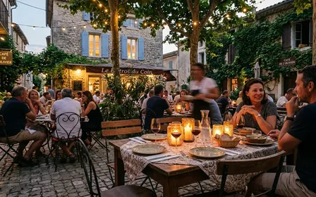 Terrasse française d'été le soir avec table dressée et bougies allumées dans des photophores en verre, ambiance chaleureuse et intime sous une lumière tamisée de fin de journée