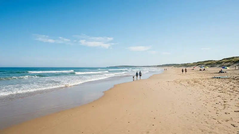 Plage française de sable clair au bord de l'océan Atlantique en été avec vagues douces et ciel dégagé, ambiance calme de matinée ensoleillée sans baigneurs visibles à l'horizon