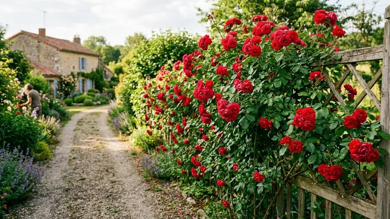 Rosier français en fleur au bord d'une allée de jardin en été, feuillage vert dense et fleurs rouges épanouies, lumière chaude de fin d'après-midi sans insecte visible sur les tiges