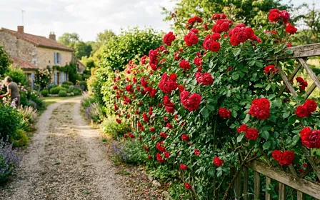 Rosier français en fleur au bord d'une allée de jardin en été, feuillage vert dense et fleurs rouges épanouies, lumière chaude de fin d'après-midi sans insecte visible sur les tiges