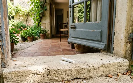 Bâton de craie blanche posé sur un seuil en pierre claire de porte française d'entrée en été, ambiance domestique sobre avec lumière naturelle de matinée, plan rapproché