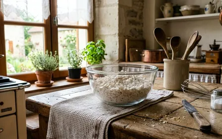 Coquilles d'œufs blanches concassées finement disposées dans un bol en verre transparent sur un plan de travail de cuisine française, ambiance domestique de matinée avec lumière naturelle
