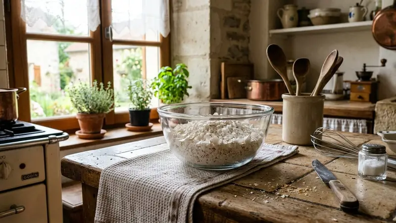 Coquilles d'œufs blanches concassées finement disposées dans un bol en verre transparent sur un plan de travail de cuisine française, ambiance domestique de matinée avec lumière naturelle