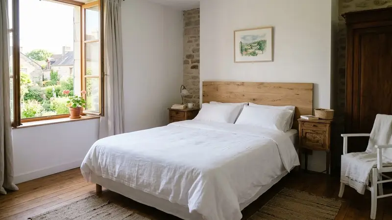 Chambre à coucher française d'été avec draps blancs bien tirés sur un lit double, tête de lit en bois clair et éclairage naturel doux de matinée, ambiance domestique calme et propre