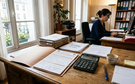Bureau de travail français avec calculatrice et documents administratifs posés sur une table en bois clair, ambiance sobre professionnelle avec lumière naturelle de matinée, plan rapproché