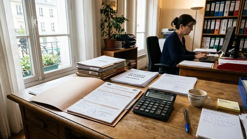 Bureau de travail français avec calculatrice et documents administratifs posés sur une table en bois clair, ambiance sobre professionnelle avec lumière naturelle de matinée, plan rapproché