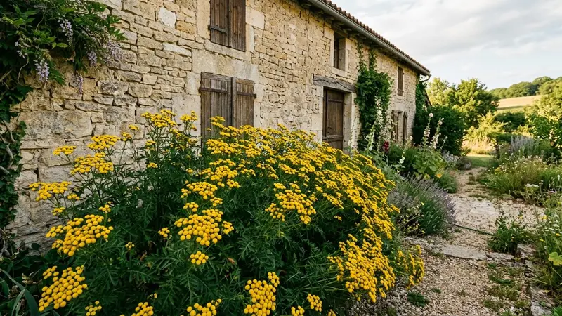 Massif de tanaisie en fleur jaune vif dressé le long d'un mur de pierre claire d'une maison française rurale, ambiance calme de fin d'après-midi ensoleillée sans insecte visible