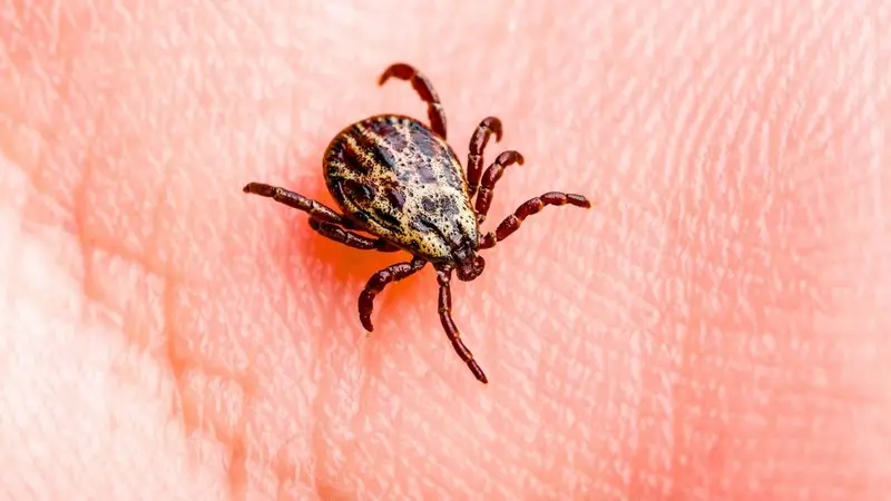 Tique adulte Ixodes ricinus posée sur une feuille de chêne avec une main et un tire-tique en plastique blanc en arrière-plan flou