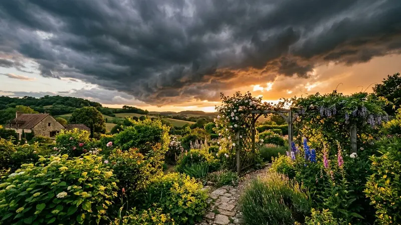 Ciel d'été français avec nuages sombres d'orage s'amoncelant au-dessus d'un jardin verdoyant, ambiance dramatique de fin d'après-midi avec lumière filtrée intense sur les feuillages