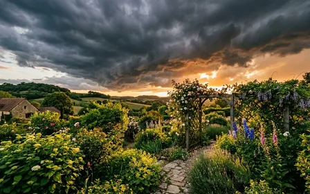 Ciel d'été français avec nuages sombres d'orage s'amoncelant au-dessus d'un jardin verdoyant, ambiance dramatique de fin d'après-midi avec lumière filtrée intense sur les feuillages