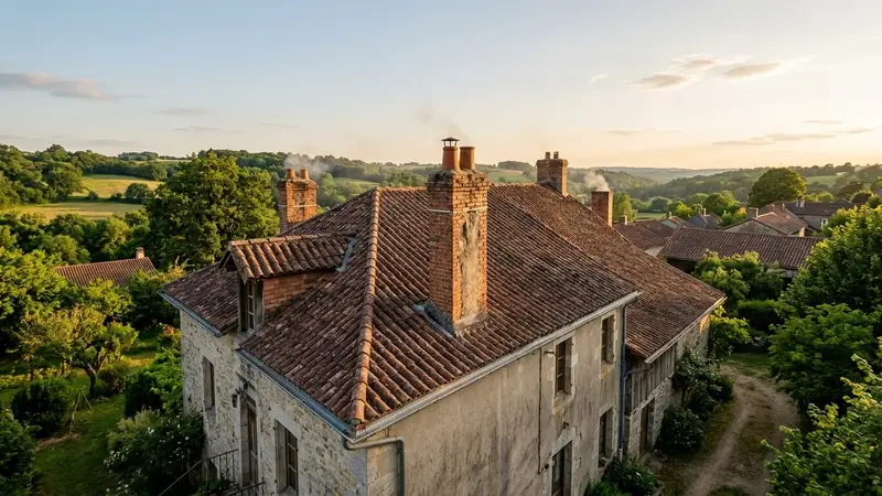 Toit de maison française avec cheminée en briques rouges et gouttières visibles en fin d'après-midi, ciel dégagé et lumière chaude de fin de journée, ambiance rurale calme sans insecte visible