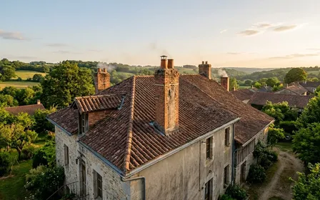 Toit de maison française avec cheminée en briques rouges et gouttières visibles en fin d'après-midi, ciel dégagé et lumière chaude de fin de journée, ambiance rurale calme sans insecte visible