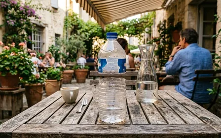 Bouteille en plastique transparent coupée en deux moitiés posée sur une table de terrasse française en été, ambiance calme de fin d'après-midi ensoleillée avec plantes en pot en arrière-plan