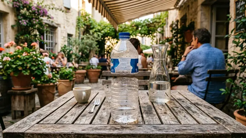 Bouteille en plastique transparent coupée en deux moitiés posée sur une table de terrasse française en été, ambiance calme de fin d'après-midi ensoleillée avec plantes en pot en arrière-plan