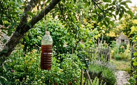 Bouteille plastique remplie de liquide brun sombre suspendue à une branche d'arbre dans un jardin français en été, ambiance calme de fin d'après-midi ensoleillée sans insecte visible autour