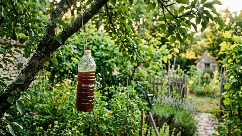 Bouteille plastique remplie de liquide brun sombre suspendue à une branche d'arbre dans un jardin français en été, ambiance calme de fin d'après-midi ensoleillée sans insecte visible autour