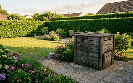 Composteur en bois fermé posé sur dalle de béton dans un jardin français ensoleillé de fin d'après-midi d'été, avec pelouse tondue et haie taillée en arrière-plan, ambiance domestique ordonnée