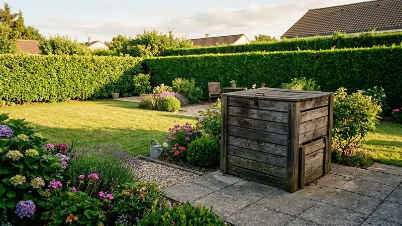 Composteur en bois fermé posé sur dalle de béton dans un jardin français ensoleillé de fin d'après-midi d'été, avec pelouse tondue et haie taillée en arrière-plan, ambiance domestique ordonnée