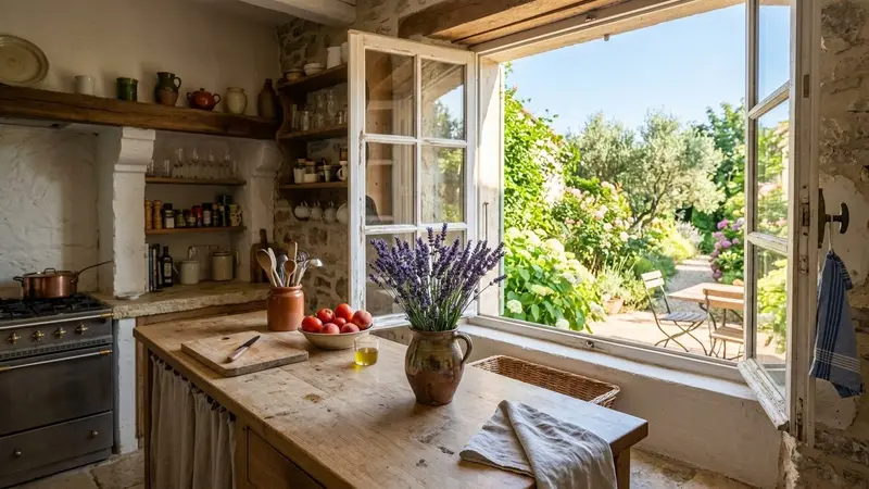 Cuisine française d'été avec plan de travail en bois clair, bouquet de lavande fraîche dans un vase en céramique et fenêtre ouverte sur jardin ensoleillé, ambiance calme sans insecte visible