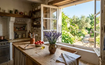 Cuisine française d'été avec plan de travail en bois clair, bouquet de lavande fraîche dans un vase en céramique et fenêtre ouverte sur jardin ensoleillé, ambiance calme sans insecte visible