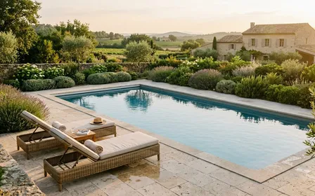 Bord de piscine résidentielle française en fin d'après-midi d'été, avec transats vides et végétation basse taillée, eau bleue paisible sans reflet et lumière chaude filtrée, ambiance calme sans reptile visible