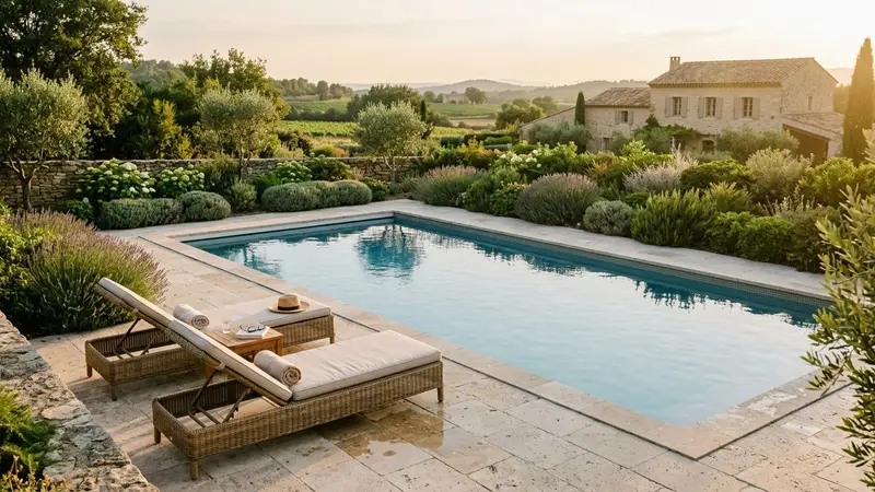 Bord de piscine résidentielle française en fin d'après-midi d'été, avec transats vides et végétation basse taillée, eau bleue paisible sans reflet et lumière chaude filtrée, ambiance calme sans reptile visible