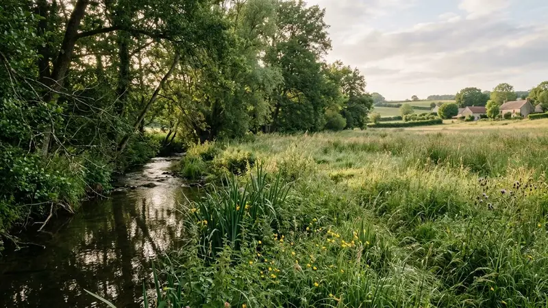 Prairie humide française bordée d'un ruisseau ombragé en fin d'après-midi d'été avec herbes hautes mouillées et lumière filtrée entre les feuillages, ambiance rurale calme sans insecte visible