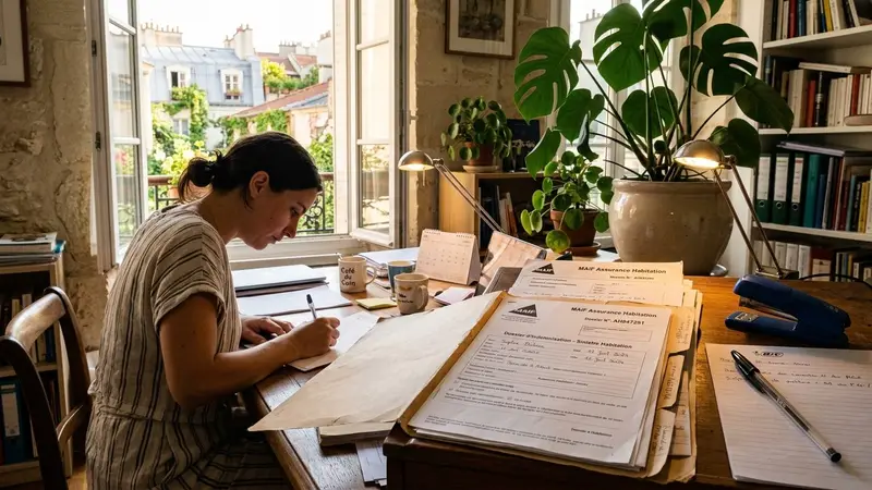 Bureau de particulier français en fin d'après-midi d'été avec dossier d'assurance habitation ouvert, stylo posé et lampe allumée, plante verte au second plan et fenêtre lumineuse, ambiance administrative calme