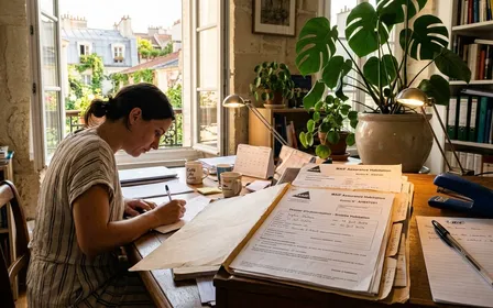 Bureau de particulier français en fin d'après-midi d'été avec dossier d'assurance habitation ouvert, stylo posé et lampe allumée, plante verte au second plan et fenêtre lumineuse, ambiance administrative calme