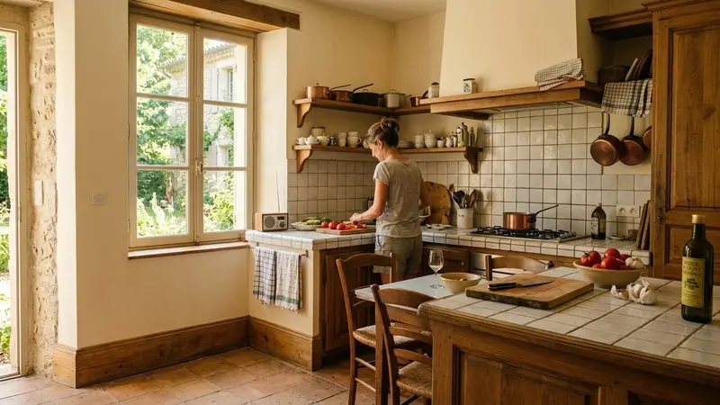 Cuisine française domestique de fin d'après-midi d'été avec plan de travail en carrelage clair, plinthes en bois propres et lumière naturelle traversante, ambiance ordonnée sans nuisible visible