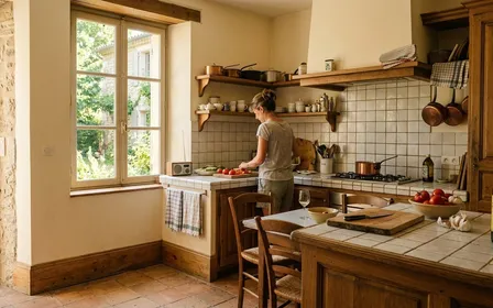 Cuisine française domestique de fin d'après-midi d'été avec plan de travail en carrelage clair, plinthes en bois propres et lumière naturelle traversante, ambiance ordonnée sans nuisible visible