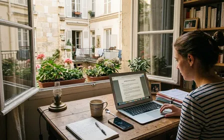Bureau de particulier français en fin d'après-midi d'été avec ordinateur portable ouvert sur bail de location, tasse de café et fenêtre donnant sur cour intérieure, ambiance calme domestique administrative