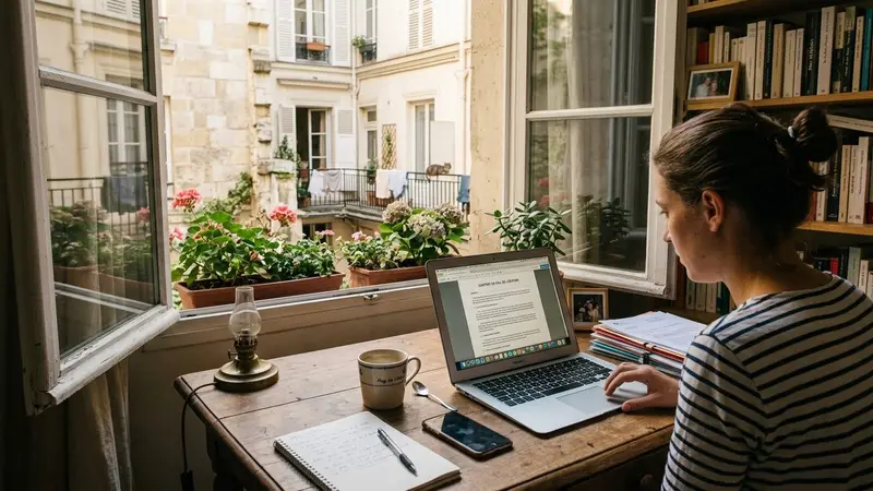 Bureau de particulier français en fin d'après-midi d'été avec ordinateur portable ouvert sur bail de location, tasse de café et fenêtre donnant sur cour intérieure, ambiance calme domestique administrative