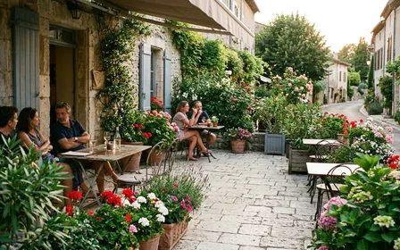 Terrasse française d'été avec dallage en pierre claire et jardinières fleuries, ambiance calme de fin de journée avec lumière chaude sur les feuillages, sans insecte visible