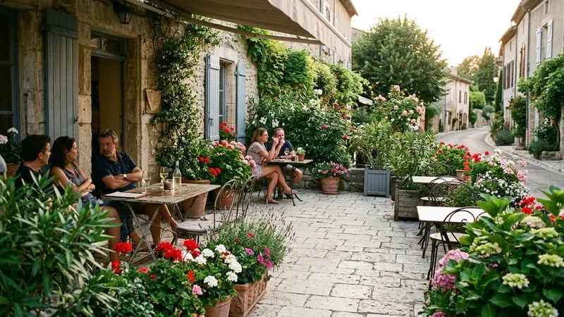 Terrasse française d'été avec dallage en pierre claire et jardinières fleuries, ambiance calme de fin de journée avec lumière chaude sur les feuillages, sans insecte visible