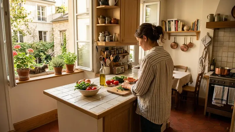Cuisine française d'appartement de fin d'après-midi d'été avec plan de travail carrelé clair, plinthes en bois propre et lumière naturelle chaude, ambiance domestique ordonnée sans nuisible visible